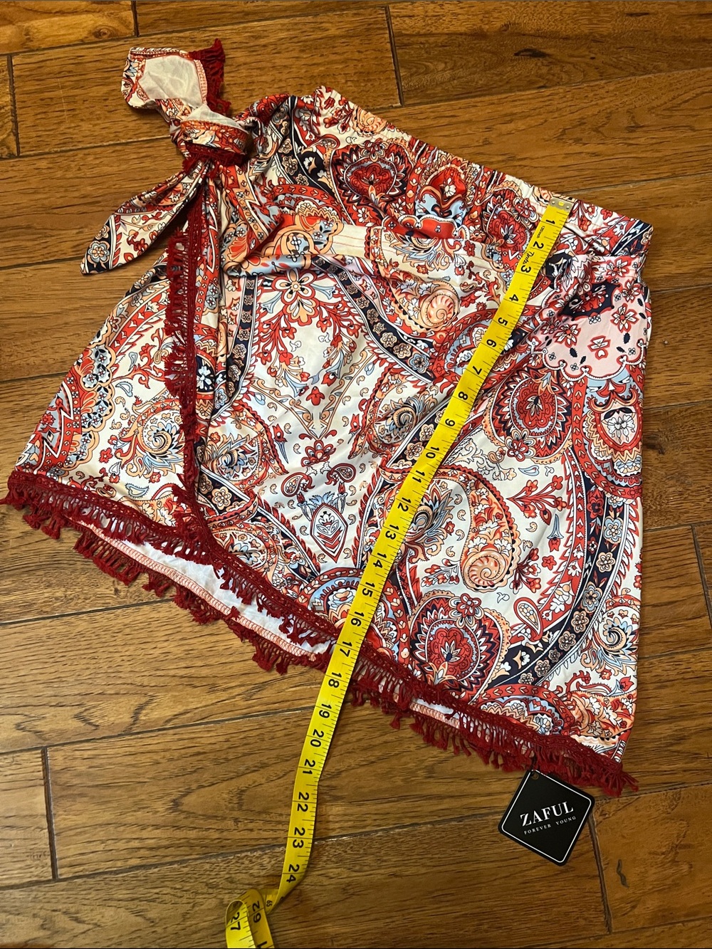 Zaful Red and Cream Paisley Tie-Front Fringe Skort